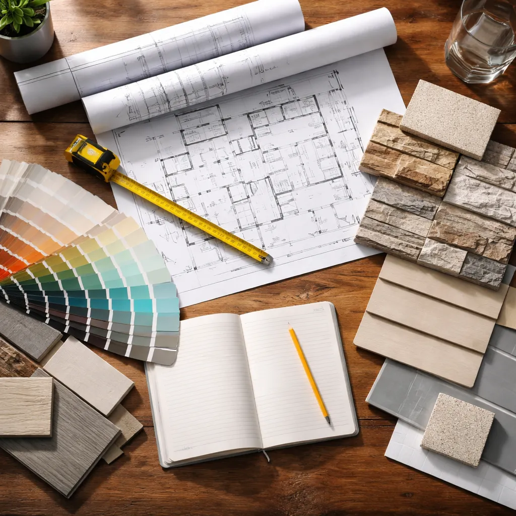 Home renovation planning materials including paint swatches and material samples with blueprint