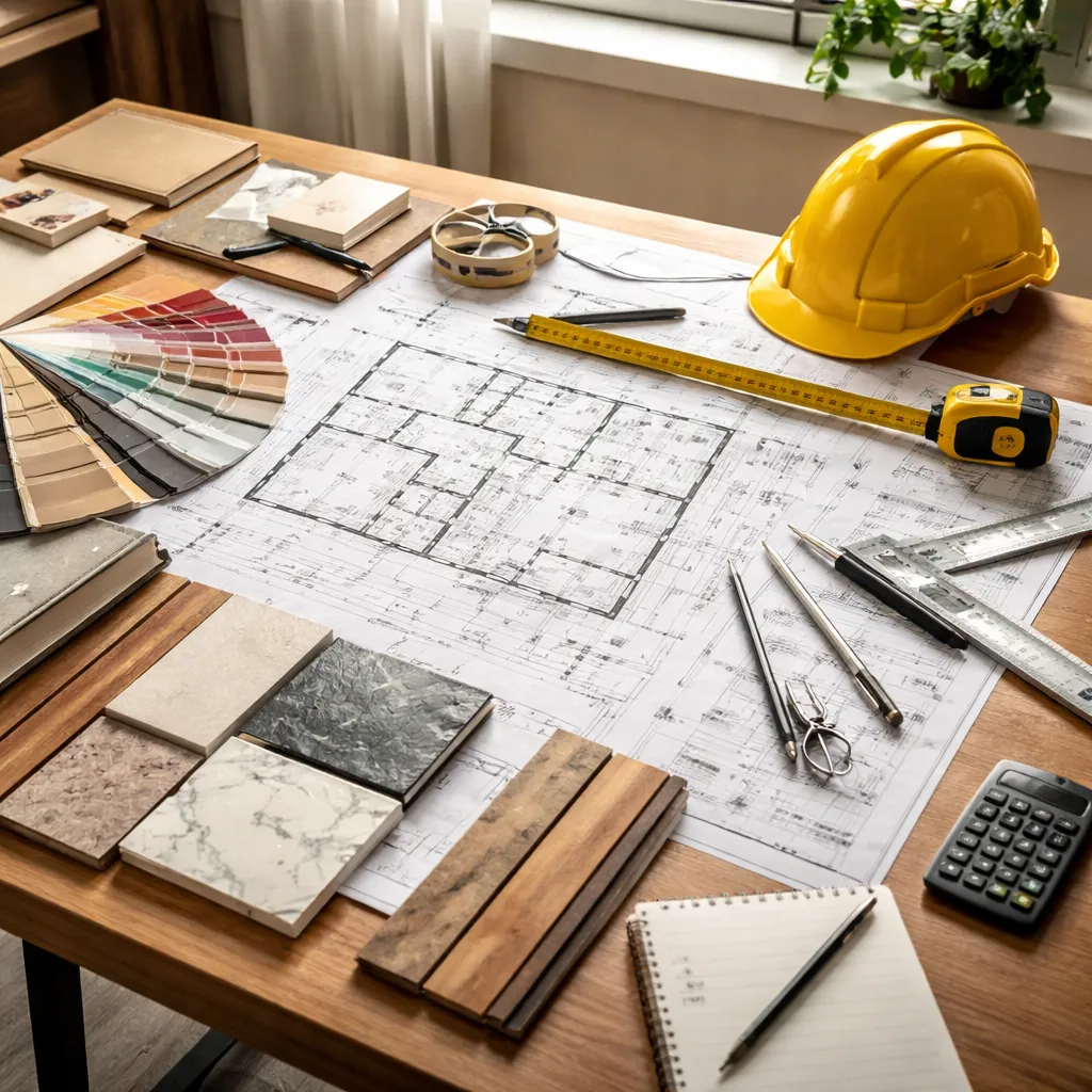 Construction blueprints with color samples and architectural drawing tools on desk