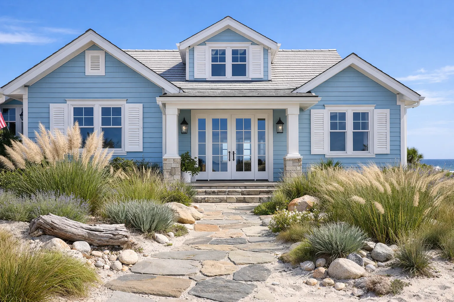 Best AI home exterior design free result displaying coastal blue paint and white trim