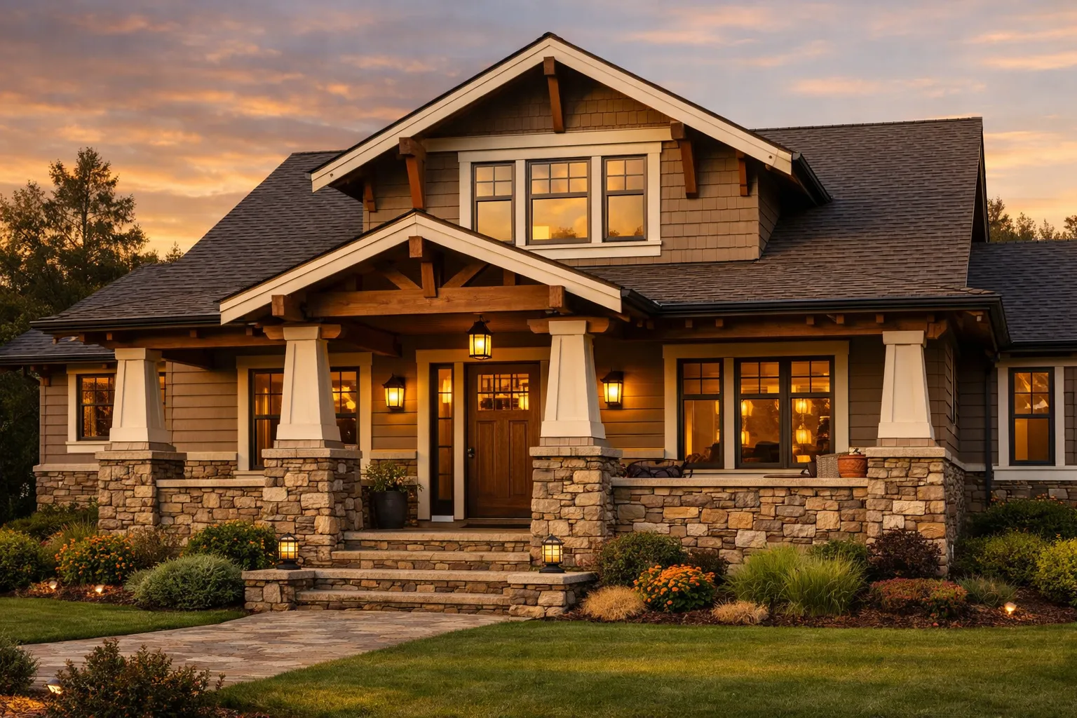AI exterior home design free showcasing craftsman columns and stone accents