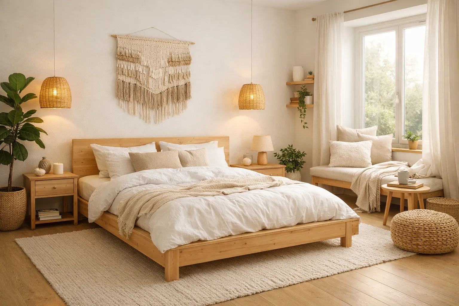 Interior design AI visualization of Scandinavian bedroom with warm lighting