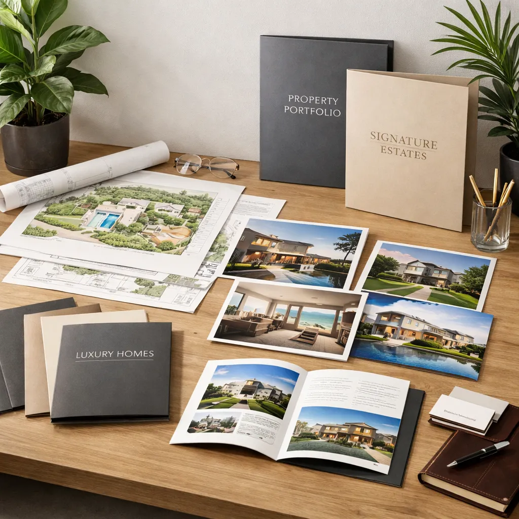 Real estate marketing materials with property photos and landscape plans