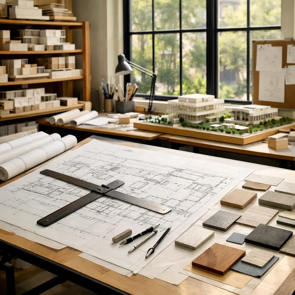 Professional architecture studio workspace with blueprint sketches and design tools for sketch to render AI
