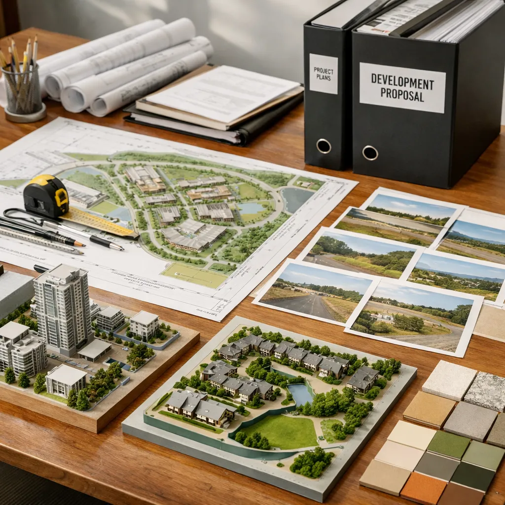 Real estate development planning table with site plans, models, and project documentation for sketch to render online