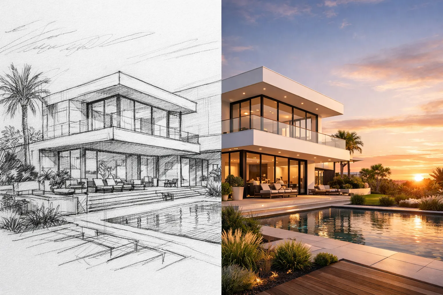 Modern villa architectural sketch transformed into photorealistic 3D render using AI rendering architecture tool
