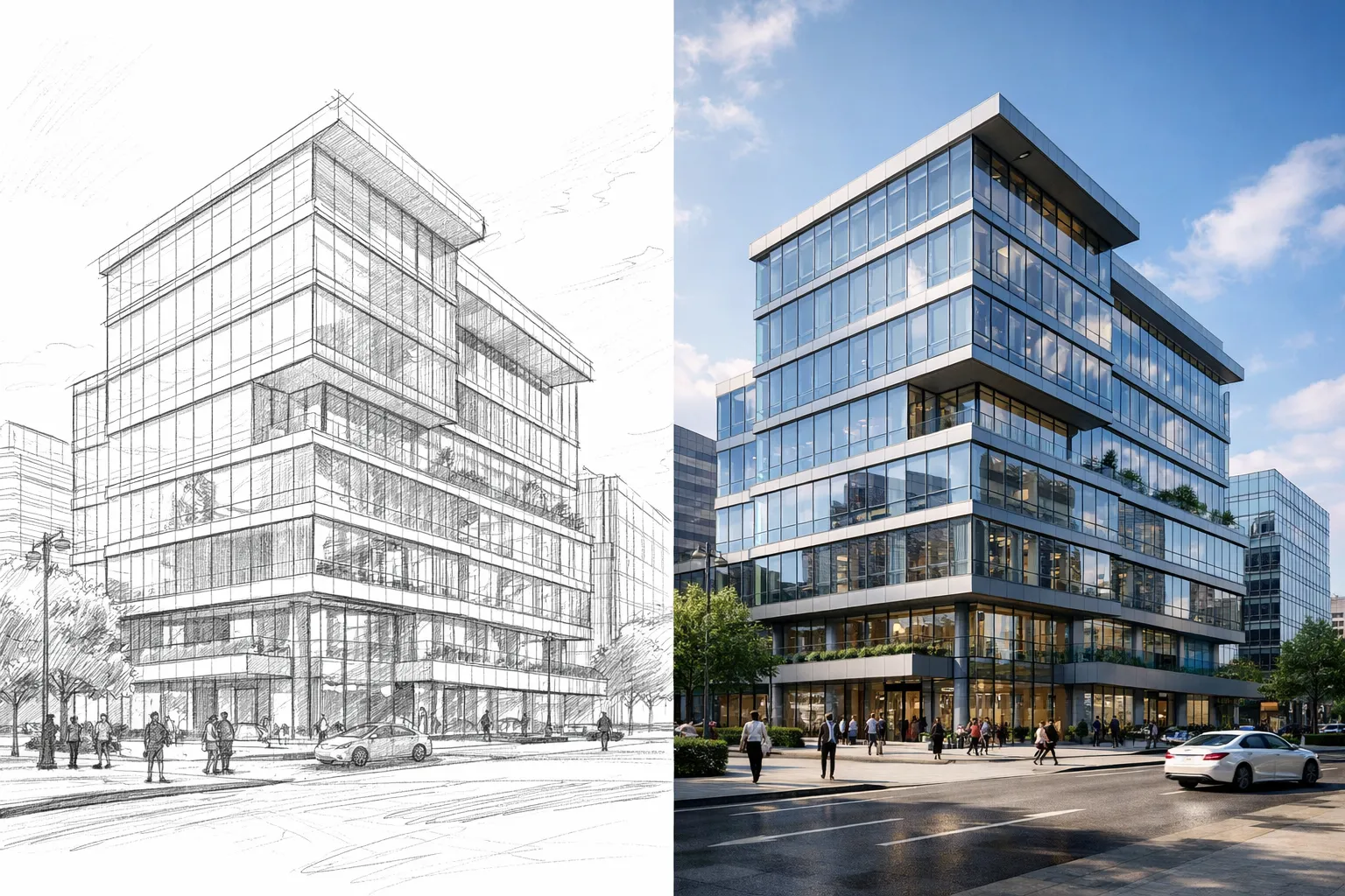Commercial building sketch to render online free showing before and after AI architecture rendering