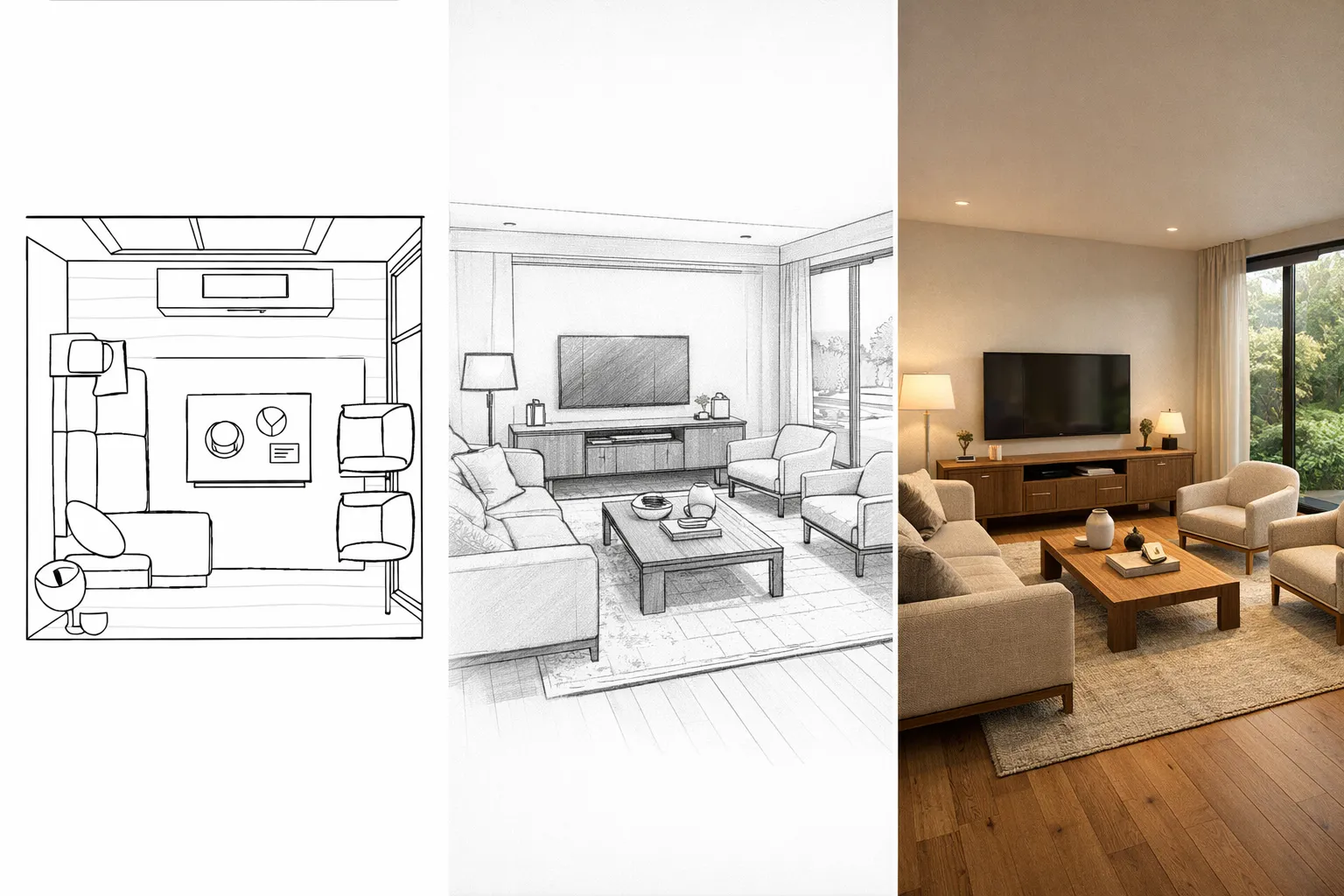 Interior design sketch to render AI showing photorealistic living room visualization