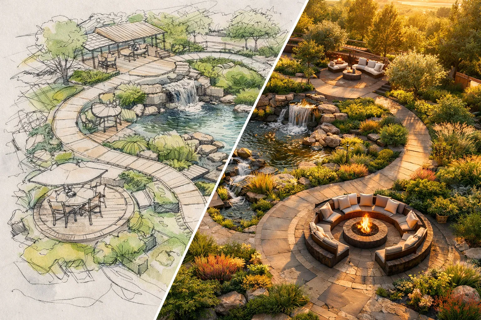 Landscape architecture sketch to render online with photorealistic garden visualization